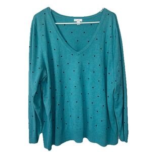J. Jill Turquoise V-Neck Sweater with Black Dots